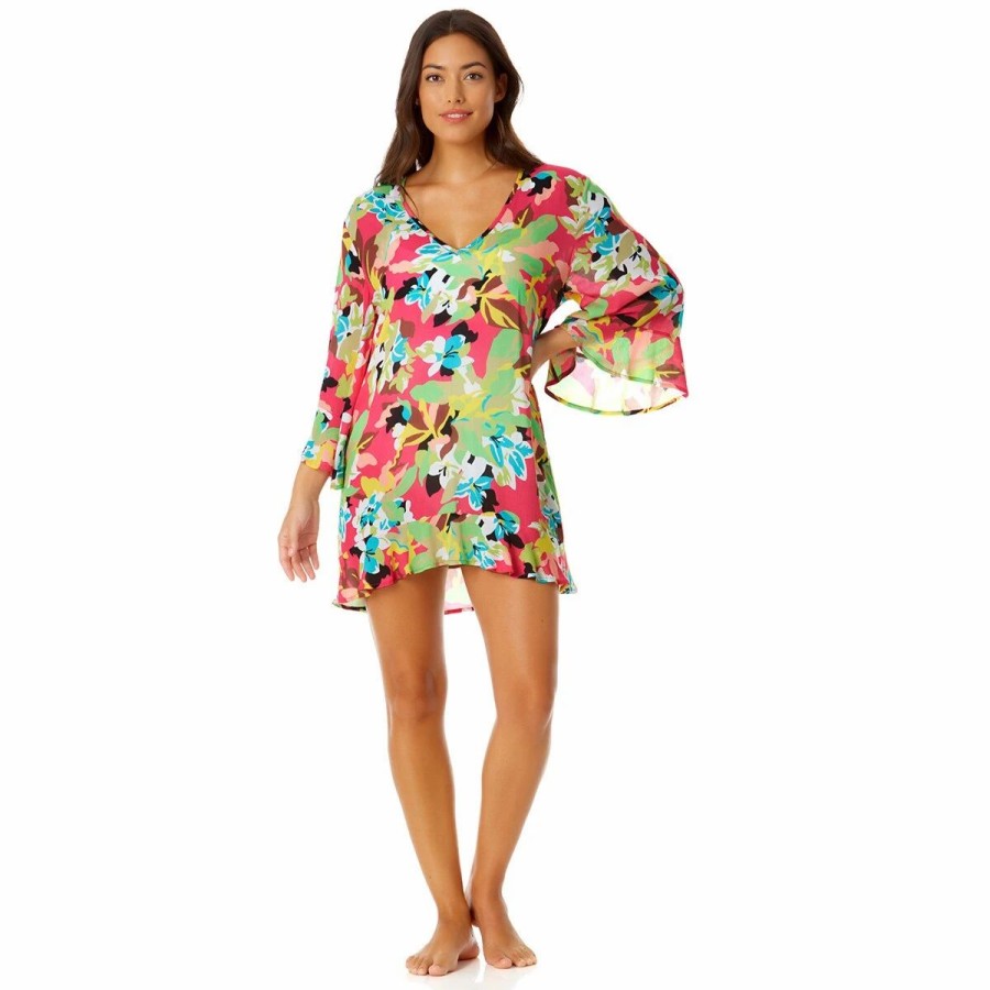 Swimsuits * | Swimsuits Womens Anne Cole Cabana Party Bell Sleeve Flounce Tunic Cover Up