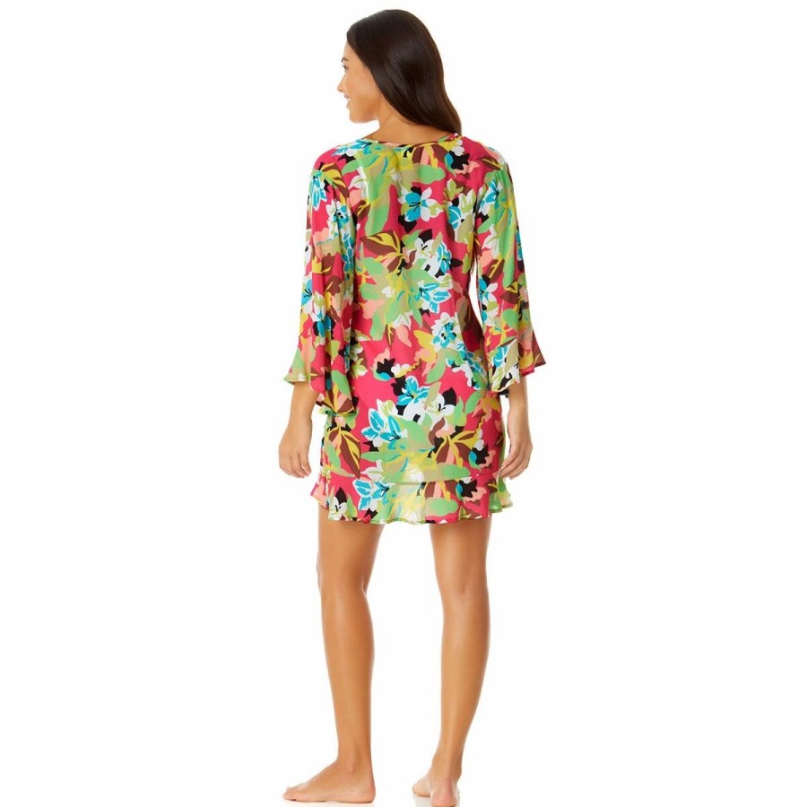 Swimsuits * | Swimsuits Womens Anne Cole Cabana Party Bell Sleeve Flounce Tunic Cover Up