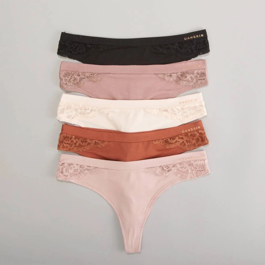 Underwear * | Underwear Womens Danskin 5Pk. Spandex/Lace Thong Panties Ds3019-5Pkn