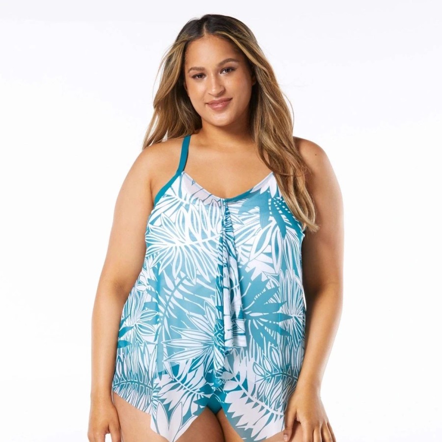 Swimsuits * | Swimsuits Plus Size Beach House Kerry Palm Ruffle Tankini Swim Top