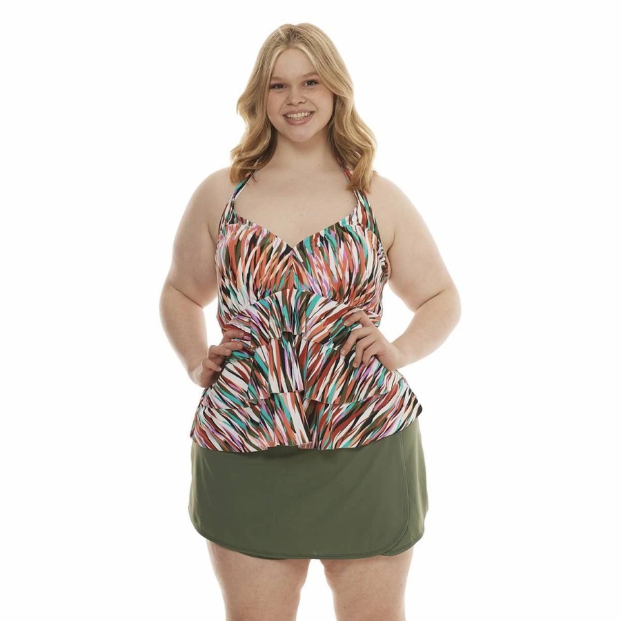 Swimsuits * | Swimsuits Plus Size Cazimi Halter Ruffle Tankini Swim Top