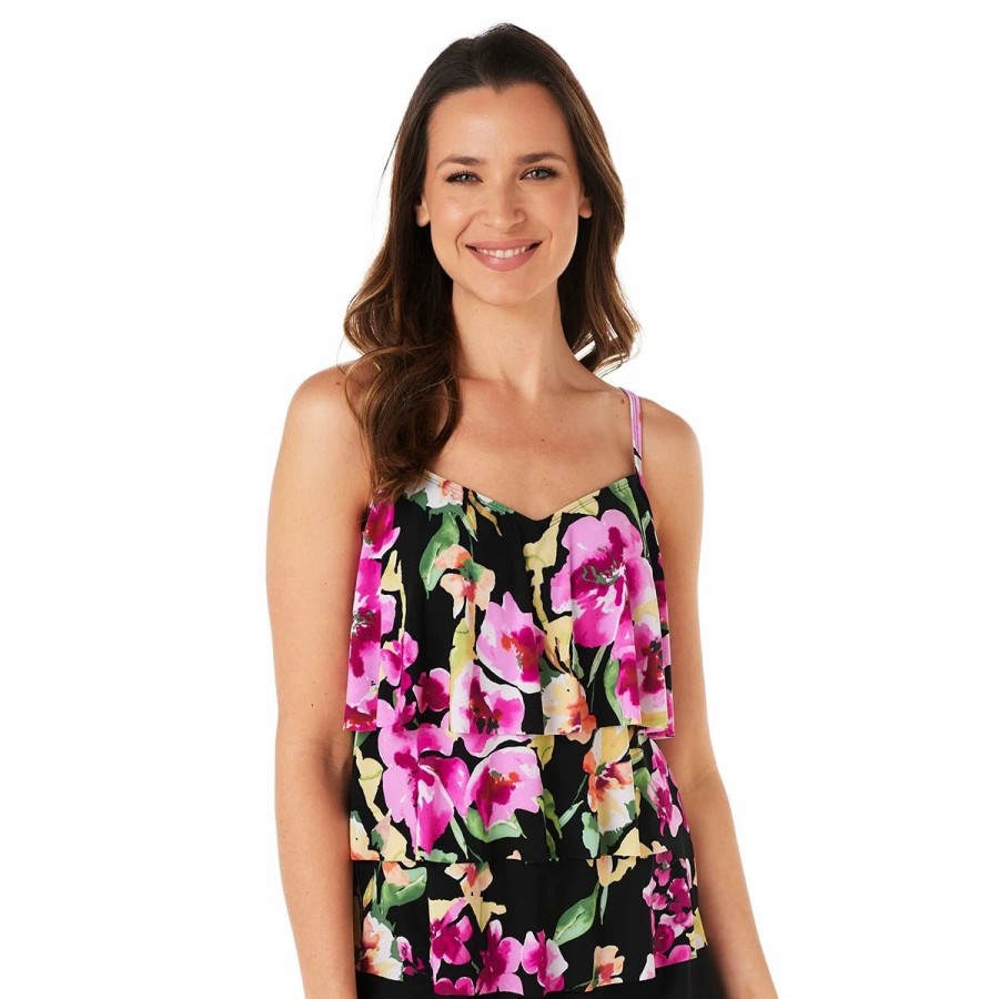 Swimsuits * | Swimsuits Plus Size American Beach Rose Triple Tier Tankini Swim Top