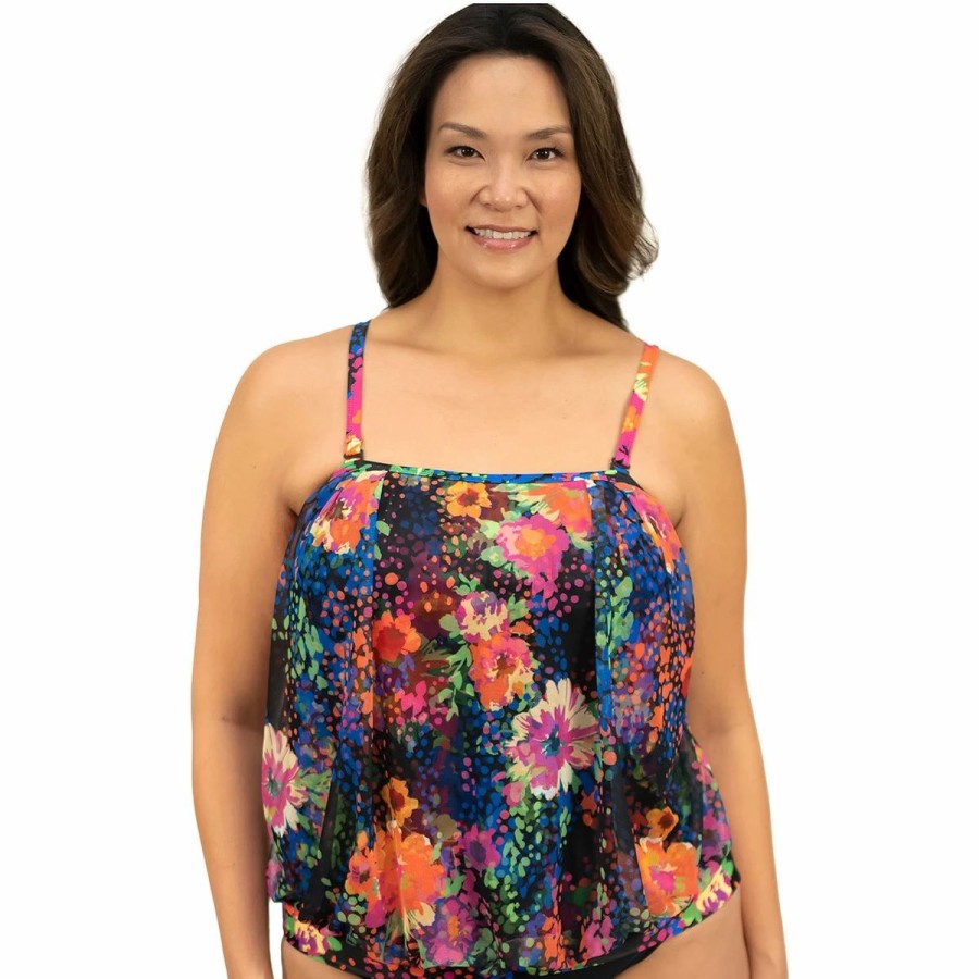 Swimsuits * | Swimsuits Plus Size Del Raya Flowerfall Blouson Tankini Swim Top