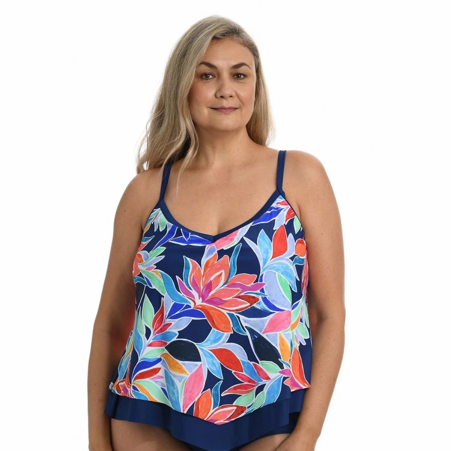 Swimsuits * | Swimsuits Plus Size Maxine Jungle Vines Flutter Tankini Swim Top