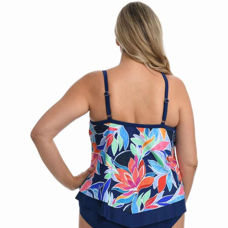 Swimsuits * | Swimsuits Plus Size Maxine Jungle Vines Flutter Tankini Swim Top