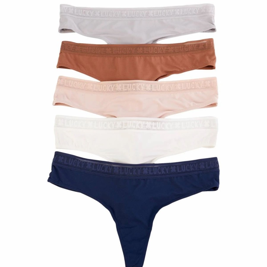 Underwear * | Underwear Womens Lucky Brand 5Pk. Logo Trimmed Thong Panties Lvd00185