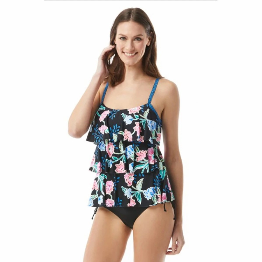 Swimsuits * | Swimsuits Womens Beach House Floral Fancy Jane Ruffle Tankini Swim Top