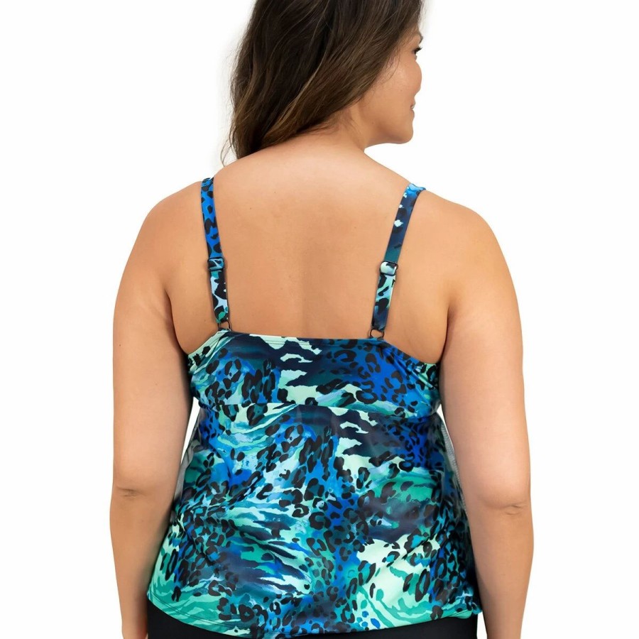 Swimsuits * | Swimsuits Plus Size Del Raya Mesh Overlay Grommet Tankini Swim Top Animal