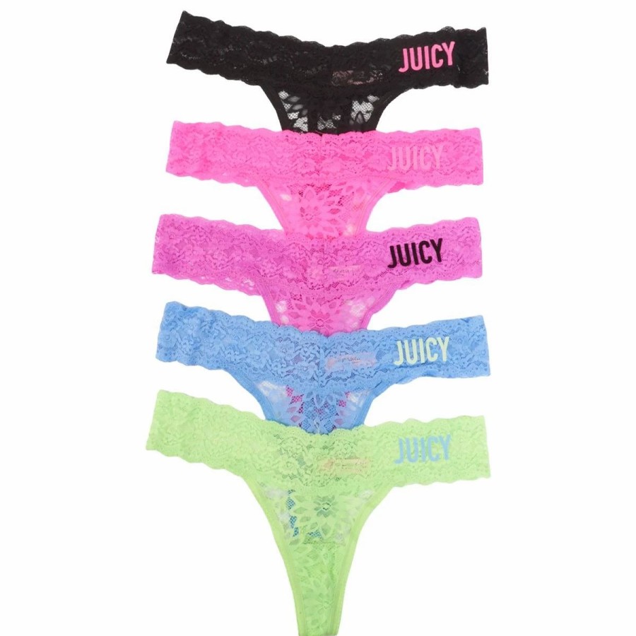 Underwear * | Underwear Juniors Juicy Couture 5Pk. Lace Thongs With Flocking Jc8504-5Pkab