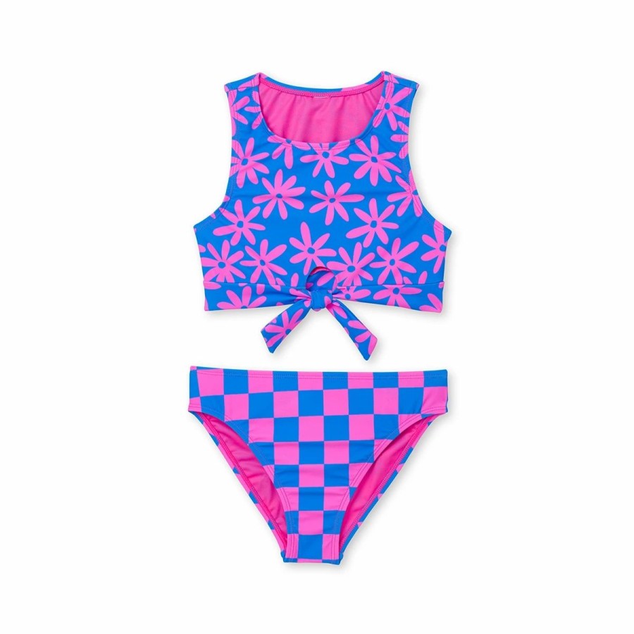 Swimsuits * | Swimsuits Girls (7-16) Angel Beach 2Pc. Floral Check Mix Tie Hem Swim Set