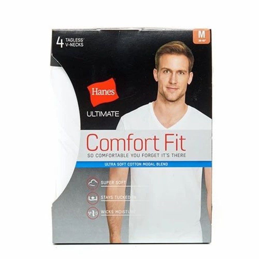 Underwear * | Underwear Mens Hanes Ultimate 4Pk. Of Comfort Fit V-Neck Undershirt