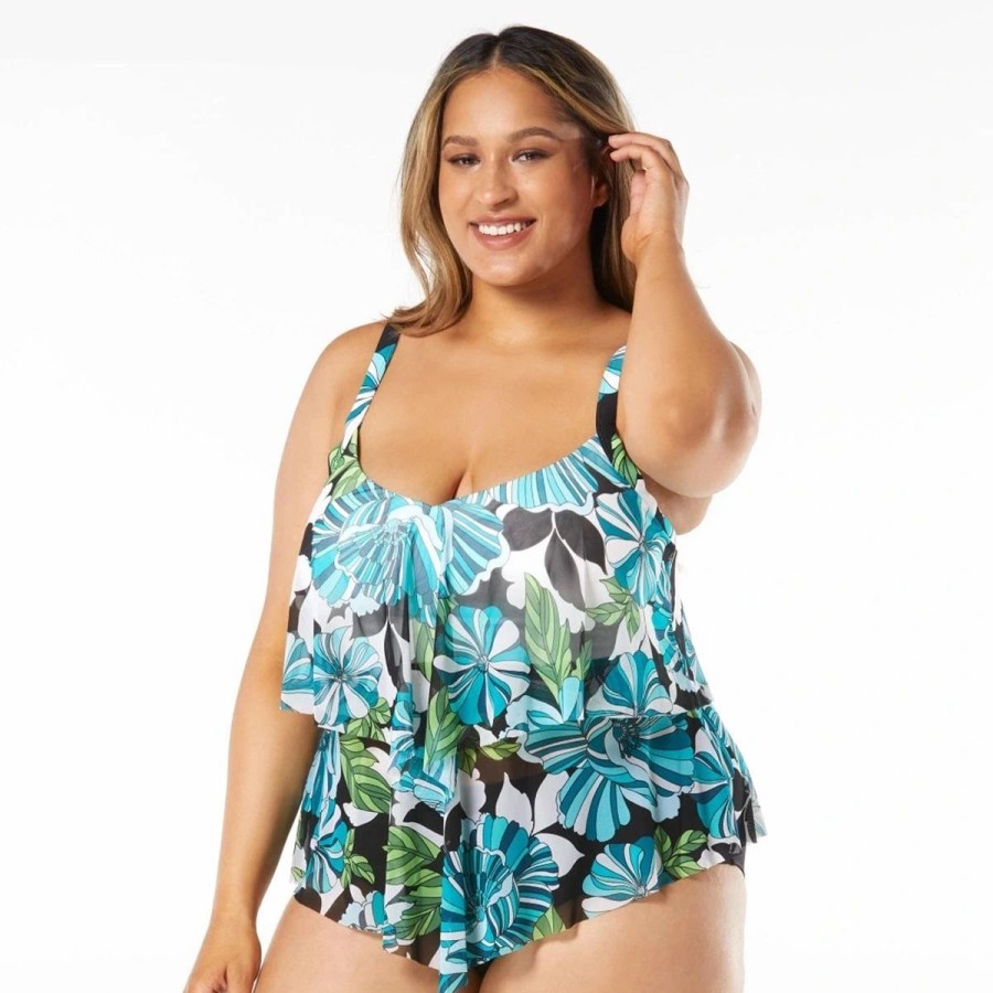 Swimsuits * | Swimsuits Plus Size Beach House Portia Mesh Tiered Layer Tankini Swim Top